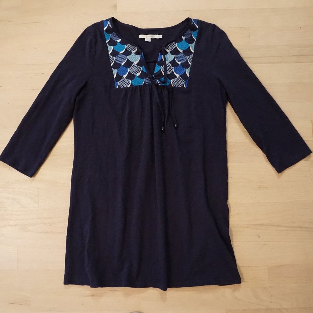 Boden Tunic Dress with Blue Embroidered Bib Tie Neck size 6